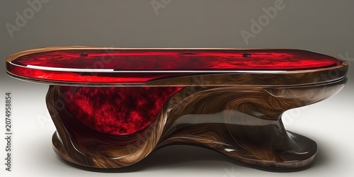 Close up of stylish red and brown sunglasses resting on reflective surface with sleek design
