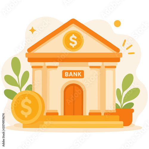 Bank building representing financial institution, banking services and secure money management illustration