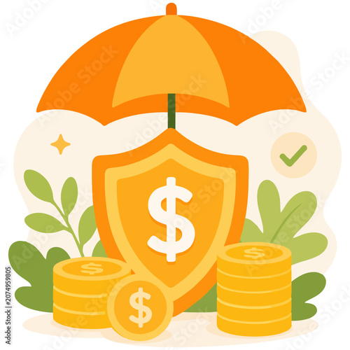 Protective umbrella over financial shield and coins representing insurance and wealth protection illustration