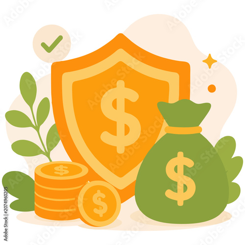 Financial security shield with money bag and coins representing asset protection illustration