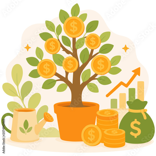 Money tree with coins symbolizing investment growth, savings and long term wealth creation illustration