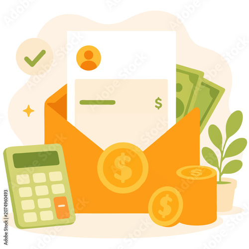 Invoice payment with envelope, calculator and cash for billing and accounting illustration