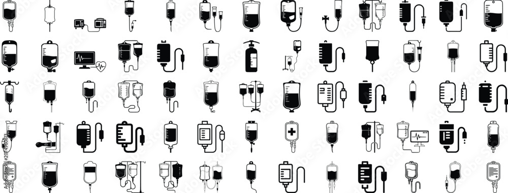 Obraz premium Collection Of Intravenous Drip Icons In Black And White Representing Medical Fluid Delivery Systems infusion bag container