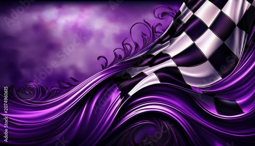 Abstract Checkered Flag Design With Purple Metallic Swirls And A Textured Background