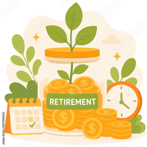 Retirement savings jar with coins, calendar and clock for long term financial planning illustration