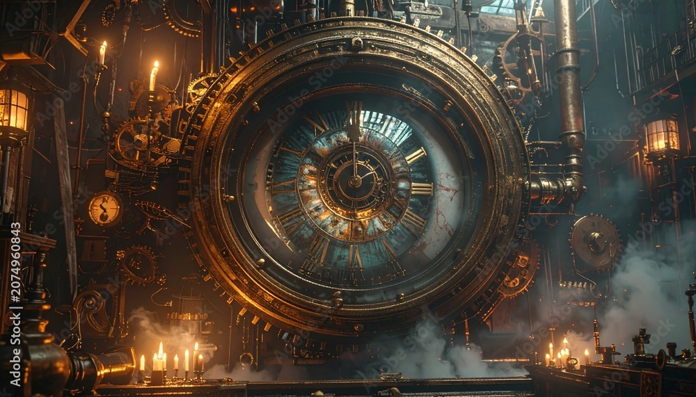 Obraz premium Surreal Clockwork Oracle Unveiling Cosmic Mysteries in a Steampunk Portal of Wonder and Abstract Curiosity with Gears and Ethereal Glow