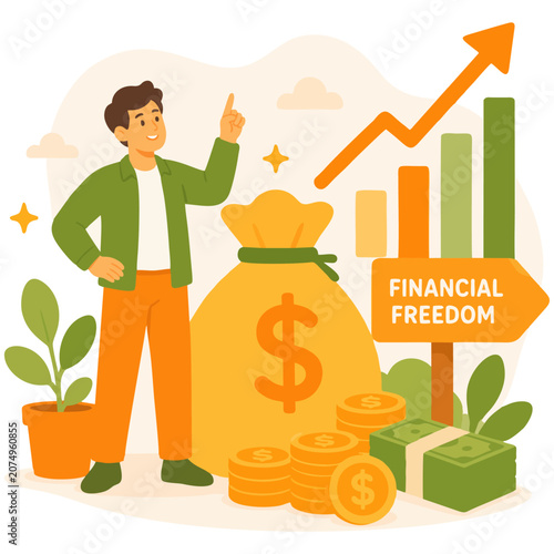 Businessman celebrating financial freedom with rising profit chart and cash growth illustration