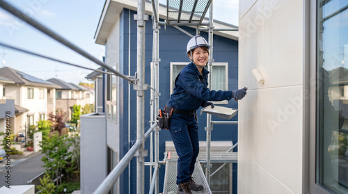Cheerful Japanese female painter applying white coat on residential outer wall using paint roller on scaffolding