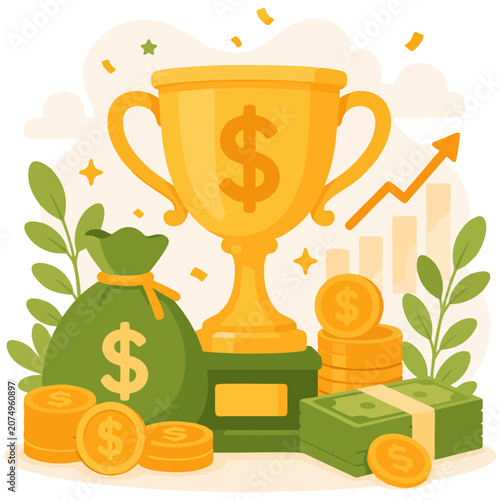 Golden trophy with cash and coins representing financial achievement, business success and wealth growth illustration