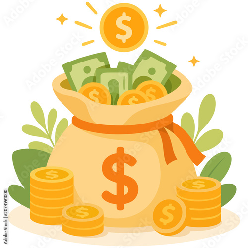 Money bag filled with cash and coins representing wealth accumulation and financial success illustration
