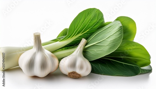 Fresh Green Pak Choi Leaves And A Whole Garlic Bulb Isolated On White