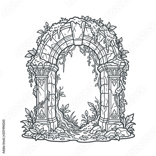 Overgrown ancient stone ruin arch with forest vines.