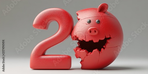 Red piggy bank broken with number two on white background