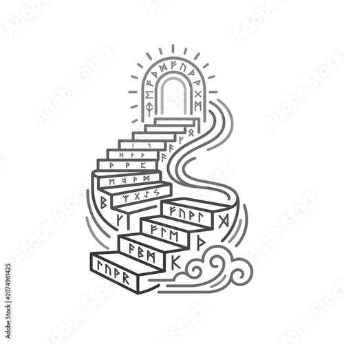 Photos Winding runic steps ascending toward a glowing sun portal.