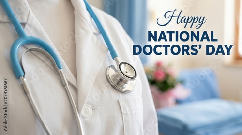 Happy national doctors day background banner with a close up photo of medical stethoscope on white lab coat