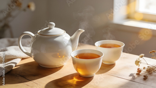 Minimalist White Porcelain Teapot and Tea Cups on Wooden Table