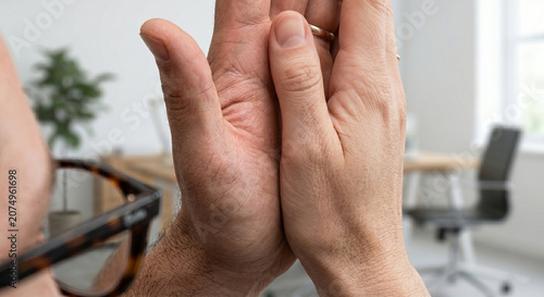 Close up of stressed businessman face with clasped hands praying or thinking deeply in modern office.