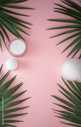 Soft Light on White Spheres with Palm Leaves Minimalist Tropical Background