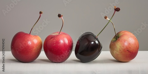 Four Cherries with Stems on White Surface, Studio Lighting