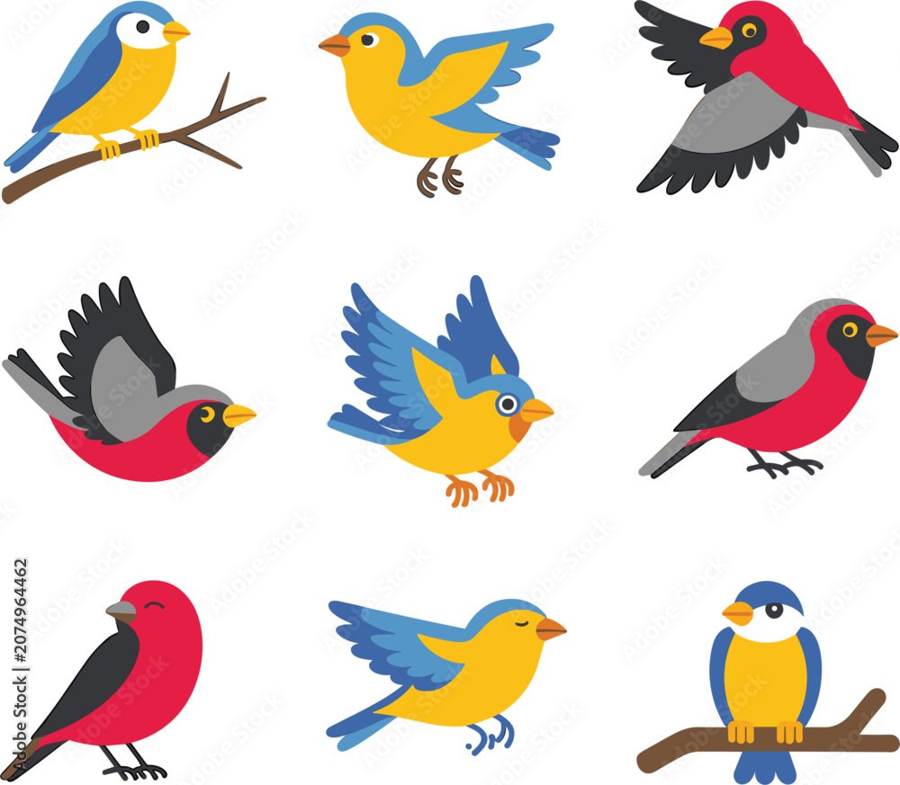 Fototapeta premium Cute cartoon bird vector illustrations set, colorful birds flying and perched on branches for design
