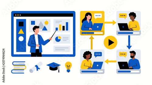 Online Course and E-Learning Workflow with Teacher Students Laptop and Video Content