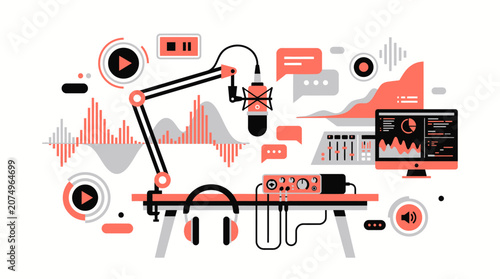 Cuadro en lienzo Podcast Studio Setup with Microphone Arm Headphones and Audio Waveform Flat Des