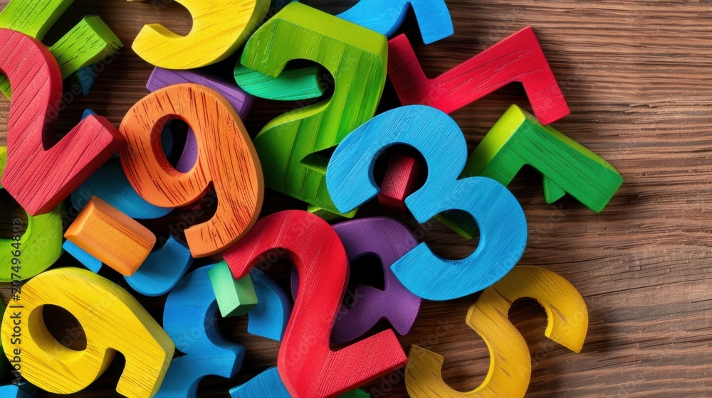 Fototapeta premium Colorful Wooden Numbers Displayed on a Wooden Surface for Educational or Creative Purposes