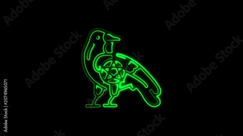 Mystical Green Neon Crow with Witchcraft Pentagram Emblem, Glowing Gothic Raven Animation Concept Isolated on Dark Background