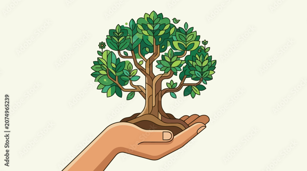 Fototapeta premium Illustration vectorielle d'une main humaine tenant un arbre vert stylisé, symbolisant la protection de la nature, la croissance durable et l'engagement écologique pour l'environnement.