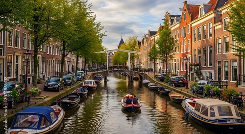 Canal with boats and buildings Amsterdam.