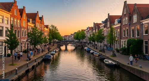 Canal with boats and buildings at sunset.