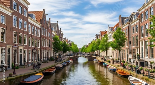 Canal with boats in Amsterdam Netherlands.