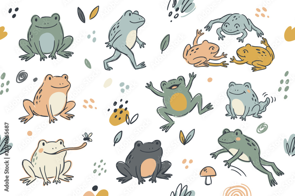 Obraz premium Cute Hand Drawn Frog Clipart Collection Cartoon Amphibian Doodle Sticker Set