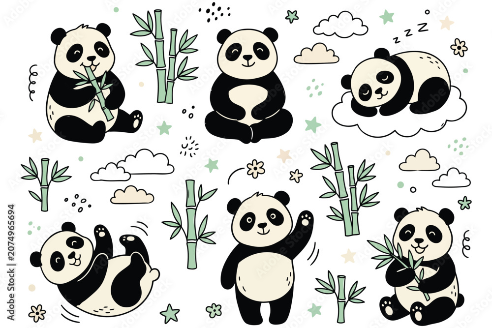 Obraz premium Cute Hand Drawn Panda Clipart Collection Cartoon Bamboo Bear Doodle Sticker Set50 Tags