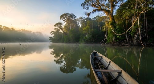 Canoe on serene lake surrounded by trees.