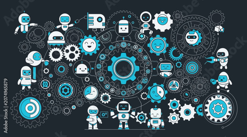 Illustration vectorielle de robots mignons et d'engrenages mécaniques complexes sur un fond sombre, représentant un concept de technologie automatisée et de travail d'équipe robotique.