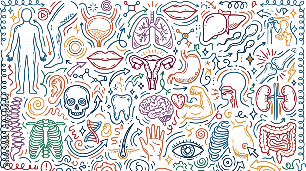 Naklejka premium Human anatomy and biological body systems concept with hand drawn medical icons of internal organs skeletal structure and physiological functions biological skeletal physiological