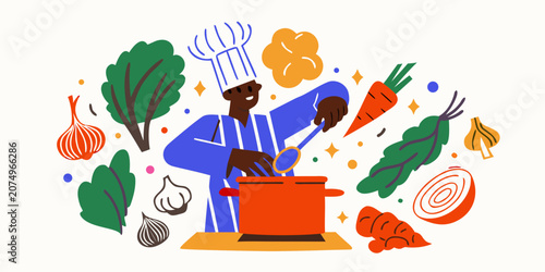 Tableau sur toile Chef Illustration With Vegetables And Cooking Pot Colorful Vector Graphic