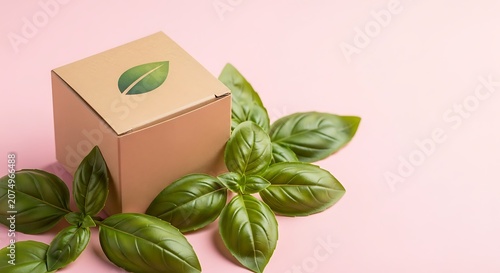 Cardboard box with basil leaves on pink.