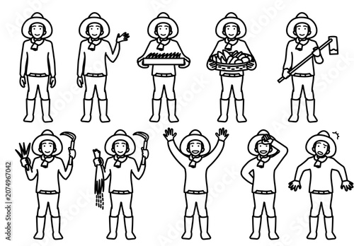 麦わら帽子をかぶった若い男性農家の様々なポーズや作業風景を集めたイラストセット｜農業の案内や収穫などのシーンに使えるシンプルな線画素材