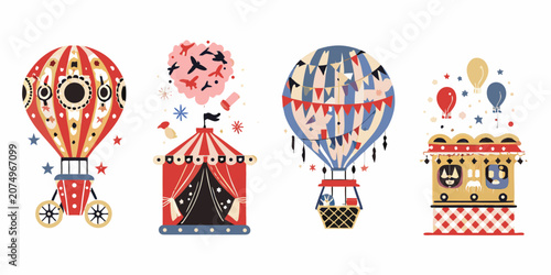Canvastavla Circus Themed Illustrations Featuring Hot Air Balloons And Tents Vector Style