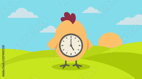 Tableau sur toile Early Bird Cartoon Chicken Clock in a Sunny Green Field Landscape