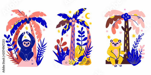 Photography Tropical Jungle Vignettes With Sloth Toucan And Monkey Vector Illustration