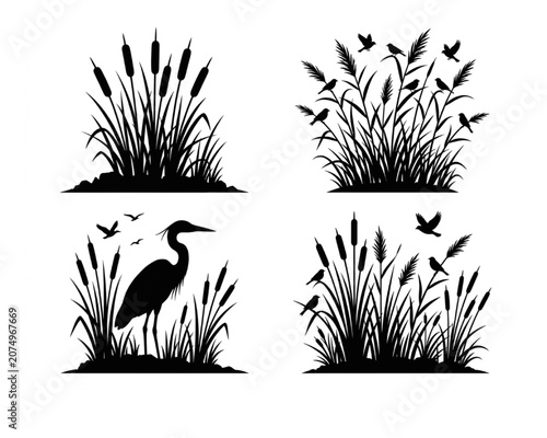 Bild auf Leinwand Cattails and Heron Silhouette Vector Illustration Set