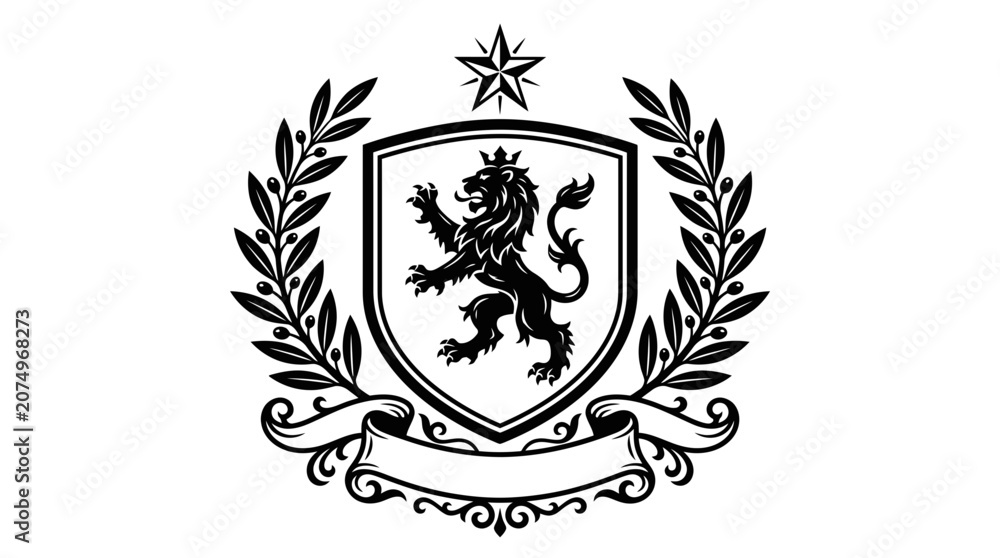 Fototapeta premium Heraldic lion crest with shield and laurel wreath.