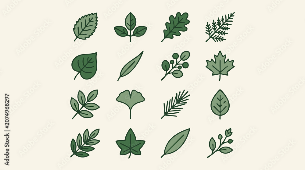 Fototapeta premium Stylized Green Leaf Icons Set for Nature and Ecology Design