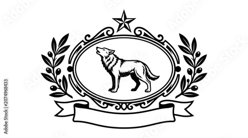 Heraldic wolf crest with laurel wreath and ribbon.