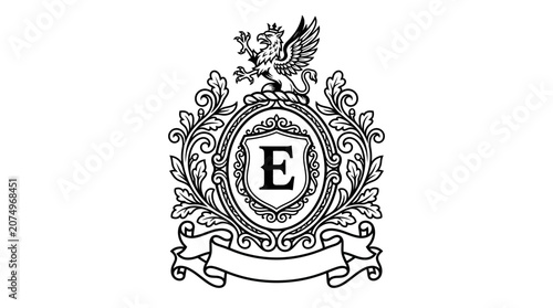 Highly ornate griffin crest with letter E and florals.