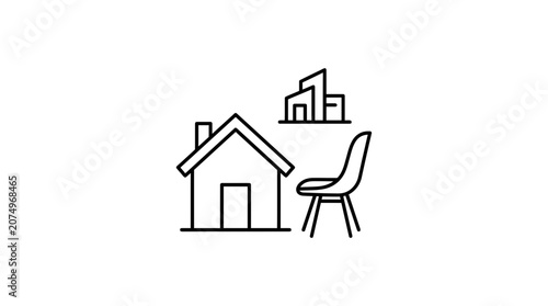 House, bar chart, and chair line icons for real estate.