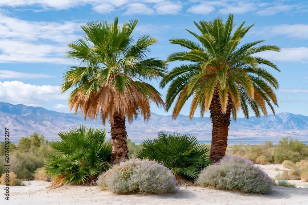 Fototapeta premium Two palm trees standing in desert oasis landscape